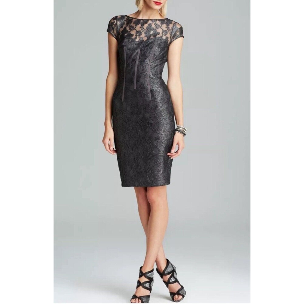 Monique Lhuillier Black Metallic Floral Cap-Sleeve Sheath Dress Size 8
